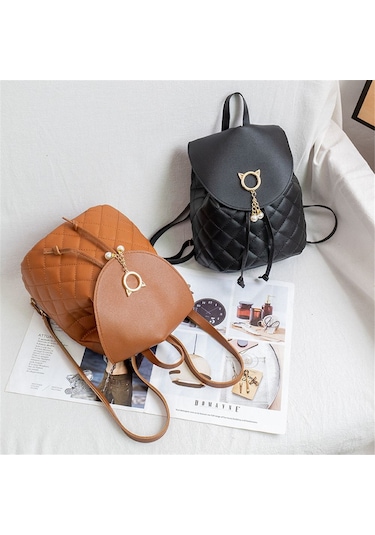 Kadın Küçük Mini Çocuk Pu Deri Bağcıklı Öğrenci Kitap Çantaları Sırt Çantası Khaki Haki