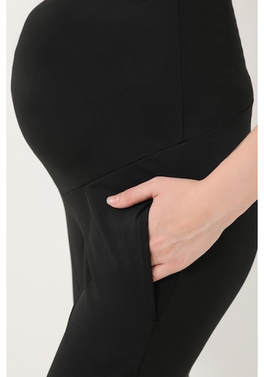 Siyah Esnek Yüksek Bel Çift Cepli Hamile Jogger Eşofman Altı