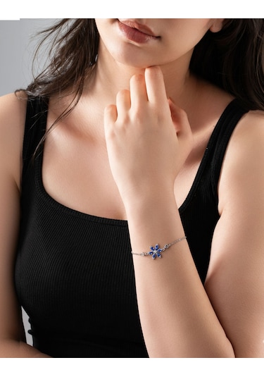 925 Ayar Safir Taşlı Rodyum Lotus Çiçeği Gümüş Bileklik Gümüş - Rodyum