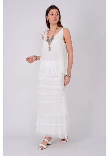 İtalyan 2 Beden Ince Gösteren Kat Kat Ipek Etek & Straplez Elbise Beyaz