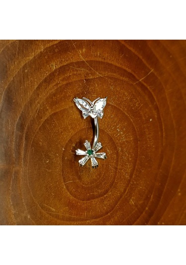 Aya Tasarım Gümüş Renk Kelebek Ve Çiçek Model Göbek Piercing Gümüş