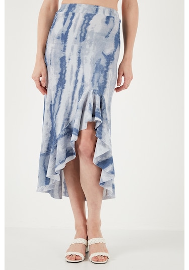 Lela Regular Fit Desenli Yüksek Bel Volanlı Midi Boy Yırtmaçlı Bayan Etek 5869013 Indigo