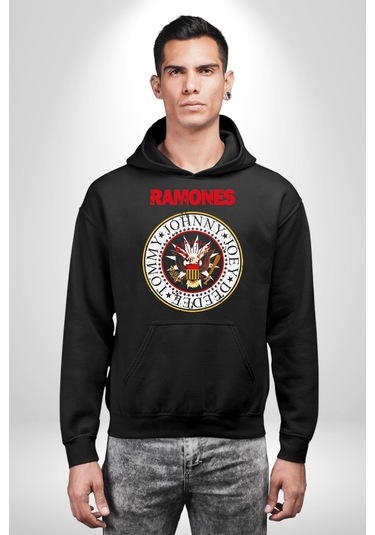 Ramones Punk Müzik Grubu Kadın Erkek Siyah Kapüşonlu Sweatshirt Hoodie Siyah