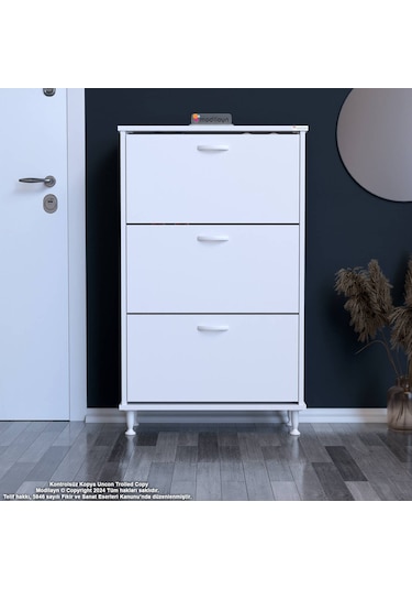 Modilayn Varbi Antre Hol 52 X 119 X 25,5 Cm Lik 2 Düşer Kapak 4 Göz Bölmeli Ayakkabılık Beyaz
