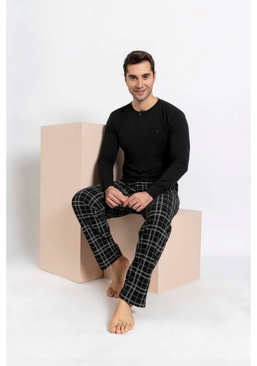 Eş Kombin Olabilen Siyah Ekose Desen Pijama Takımı