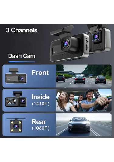 Xuweiwei 3 Channels 64gb Araç Dash Cam Ön Ve Arka Dahili Kamera Hd Gece Görüşü Döngü Kayıt Araç Dvr Siyah Kutu