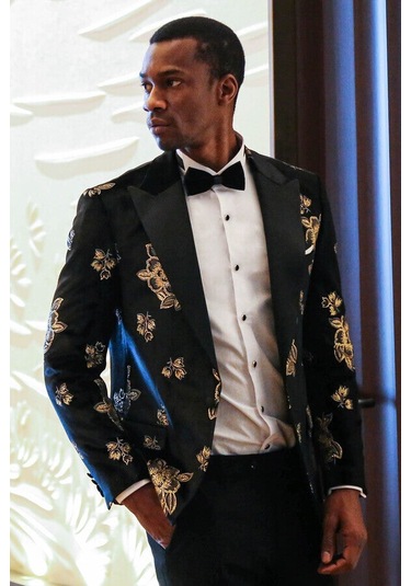 Wessi Gold Çiçek Desenli Parlak Siyah Erkek Smokin Ceket Siyah