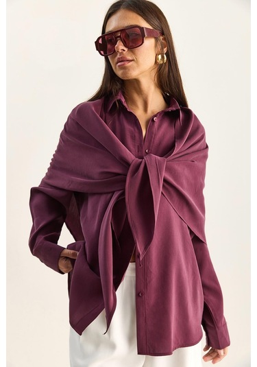 Shade Kadın Şal Aksesuarlı Oversize Modal Gömlek 340 60286164 - Mürdüm MÜRDÜM