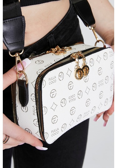 Morpelikan Beyaz Monogram İki Bölmeli Kolon Askılı Omuz Çantası Beyaz