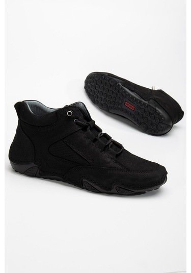 Hakiki Deri Nubuk Erkek Bot Siyah Elastik Bağcıklı Saraçlı Taban-3485 Siyah