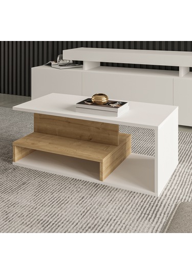 Vera Mini Orta Sehpa Modern Tasarım, Fonksiyonel Raflı Yap Beyaz/safir Meşe