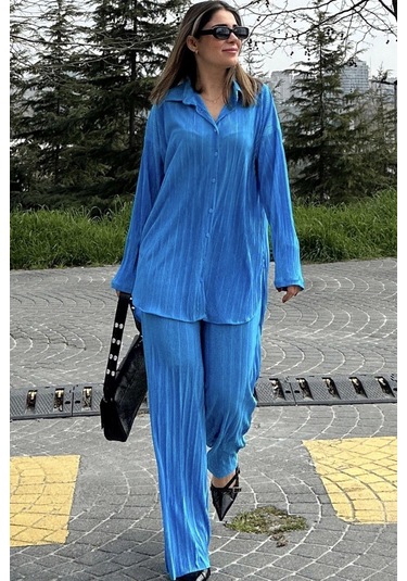 Kadın Mavi Uzun Tunik Gömlek & Beli Lastikli, Bol Paça Pantolon - Salaş Bürümcük Takım Mavi