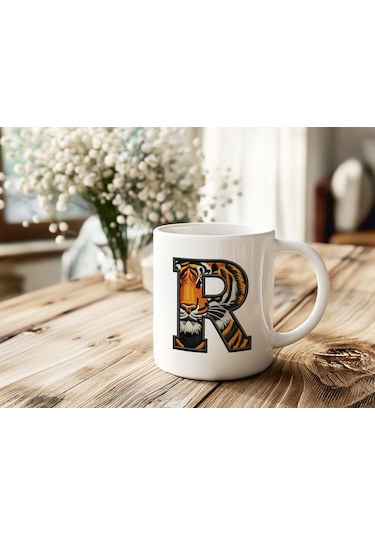 R Harfi Kaplan Figürlü Nakış Desenli Kupa Bardak - Kişiye Özel Vahşi Hayvan Desenli Kupa - Hediye Beyaz