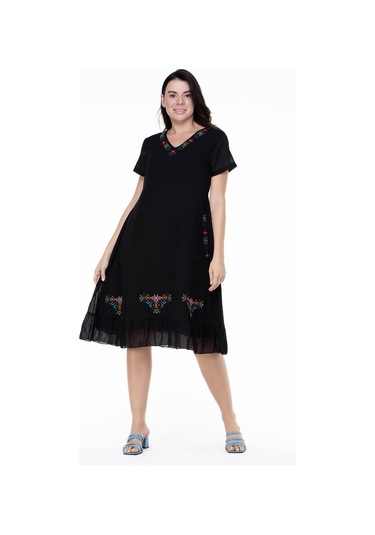 Kısa Kol Şile Bezi Mehtap Midi Boy Nakış Detaylı Elbise Siyah Syh-siyah Siyah