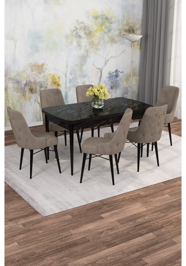Mona Siyah Mermer Desen 80x132 Açılabilir Mdf Masa Yemek Odası Takımı, Mutfak Takımı 6 Adet Sandalye Siyah Mermer - 6 Cappuccino - Siyah Ayak