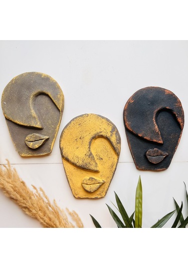 Soyut Tasarım El Yapımı Duvar Dekoru Renkli Taş Maske Büyük 3'lü Set, Dekor Mask, 3d Duvar Heykeli