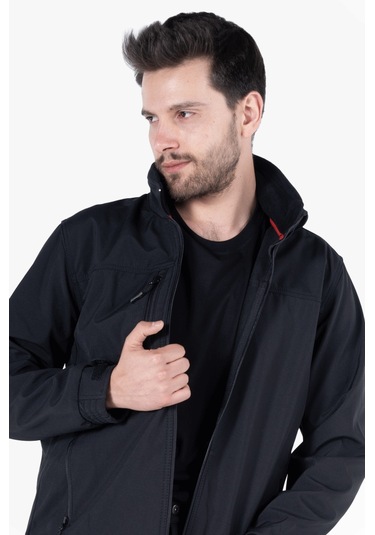 Gizli Kapüşonlu Softshell Mont Siyah