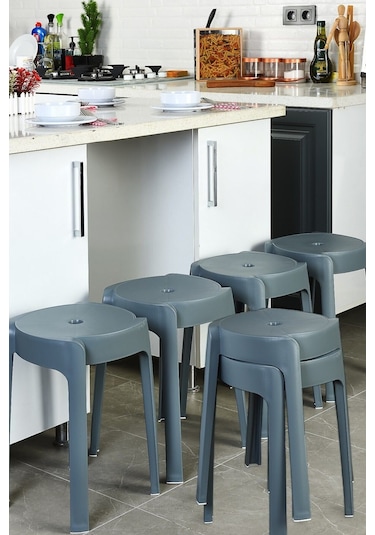 Kaymaz Ayaklı Dekoratif İç İçe Geçebilen Plastik Tabure Mutfak Bahçe Taburesi 6 Adet Antrasi Antrasit