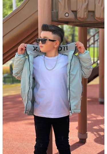 Erkek Çocuk Çıkarılabilir Kapüşonlu Baskılı Yakası Detaylı Kışlık Mont Km3501 Mint