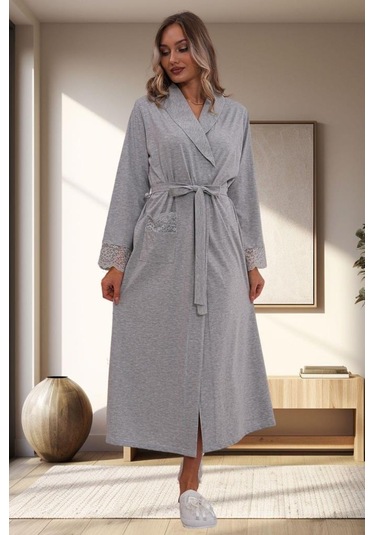 Mecit 1543 Bayan Gri Büyük Beden Uzun Kollu Uzun Sabahlık Gri
