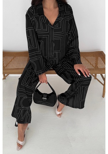 Geometrik Desen Modal Saten Takım Siyah Siyah
