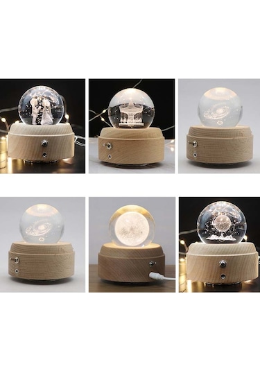 Sones Kız Yatak Başucu Lambası Kristal Top Ahşap Tabanlı Müzik Kutusu Şarjlı Parlayan Dönen Gece Lambası, Rastgele Müzik Gelin Ve Damat Diğer