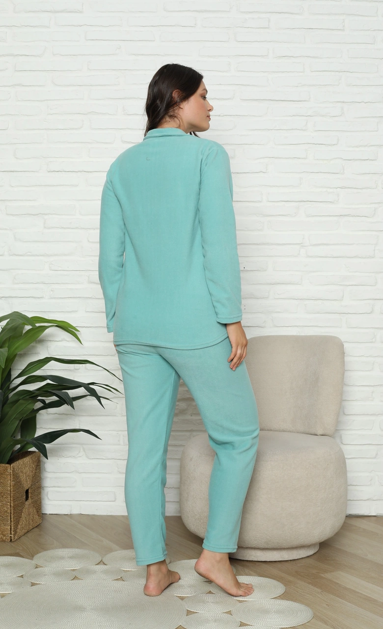 Fwn 1601 Boydan Düğmeli Polar Kumaşlı Kışlık Kadın Pijama Takımı Yeşil