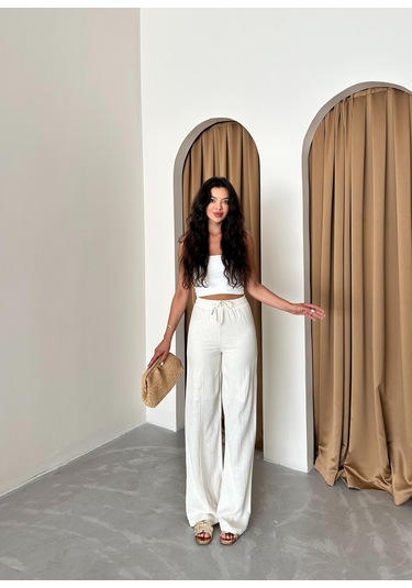 Ekru %100 Keten Palazzo Pantolon Ekru