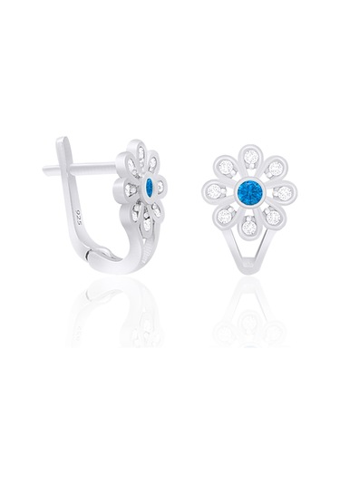 925 Ayar Gümüş Rodyumlu Mavi Zirkon Taşlı Çiçek Küpe St309