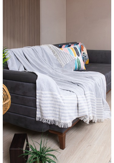 Pamuklu Püsküllü Elmas Desenli Koltuk Örtüsü 170x210 Cm Dekoratif Kanepe, Yatak Ve Tv Örtüsü Gri