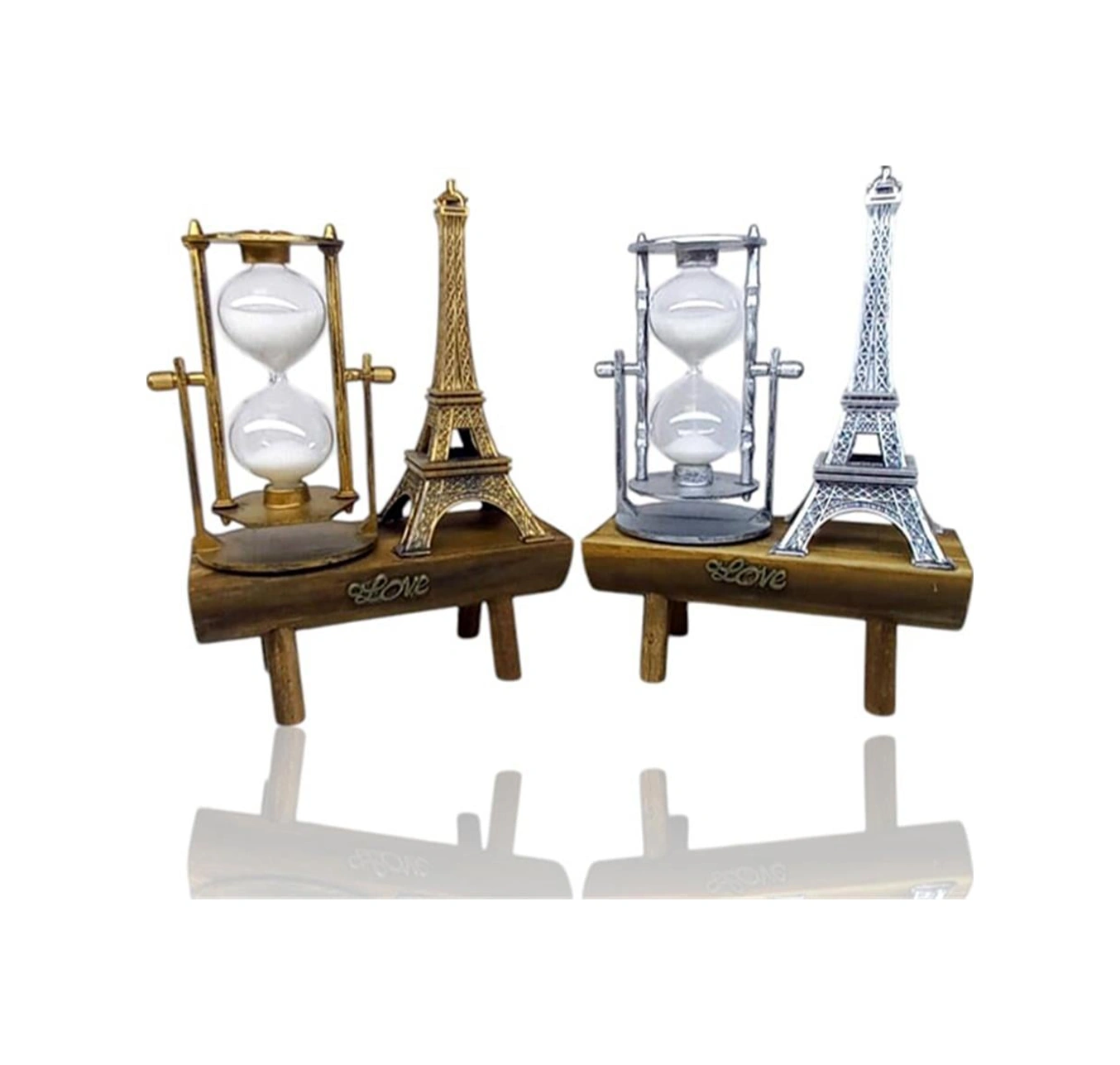 Dekoratif Eyfel Kulesi Tasarımlı Kum Saatli Ahşap Altlıklı Masa Süsü Altın Renk