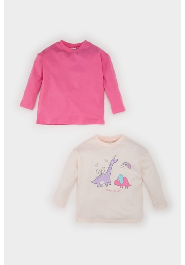 DeFacto Kız Bebek Yenidoğan Bisiklet Yaka Dinazor Baskılı Penye 2'li Uzun Kollu Tişört E6362A525SPPN324 Pembe