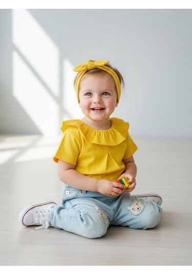 Zekids Kız Bebek Pamuklu Yakası Fırfırlı Basic T-shirt-7460 Sarı