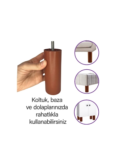 Destek Ayağı 14 Cm Kahverengi Ve Metal Düz Ayak Tabanı M8 Civatalı İnce Diş Mobilya Kanepe Baza Seti