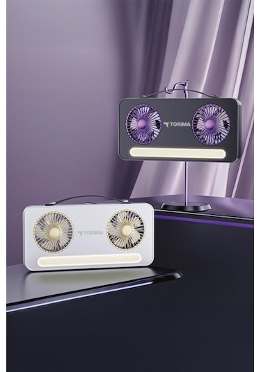 Torima F-23 Beyaz Led Işıklı Çift Fanlı Mini Masaüstü Vantilatör 1200mah Şarjlı Taşınabilir Fan