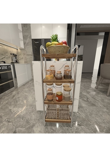 Sahra Krom 4 Katlı Ahşap Raf Banyo Köşe Rafı Düzenleyici Organize Krom