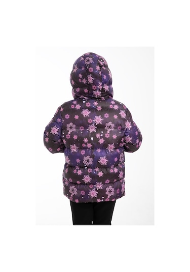 Freemen Kız Çocuk Mor Kar Tanesi Desen Polar Su Ve Rüzgar Geçirmez Kapüşonlu Şişme Kışlık Mont Mor