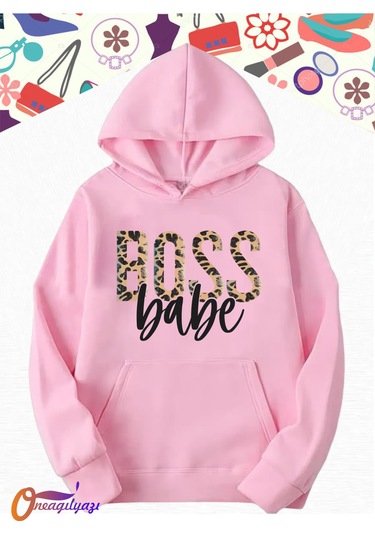Boss Leopar Kadın Sweatshirt Hoodie Pembe