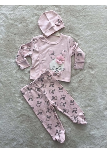 Tavşan Desenli 3'lü Zıbın Pembe