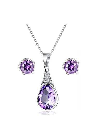 Brezza Lusso Jewelry Gümüş Su Damlası Ametist Taşı Kadın Kolye Küpe Seti Gümüş Set