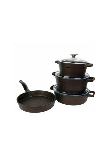 Masterchef Döküm 7 Parça Set Çizgili Tencere Kahverengi