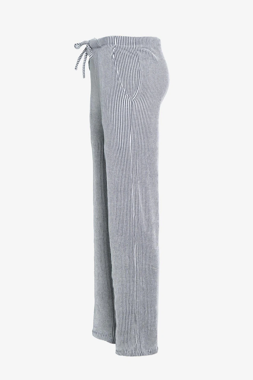 Çizgili Düz Paça Beli Lastikli Pantolon - Siyah Siyah