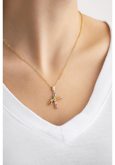 Mini K Harfi Günışığı Renkli 18 Ayar Sarı Altın Kaplama Gümüş Kolye