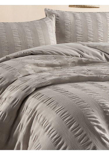 Seersucker Çift Kişilik Nevresim Takımı Bej Kutulu Bej