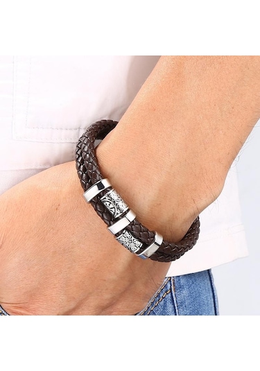 Yeni Paslanmaz Çelik Deri Halat Bileklik İskandinav Viking Serisi Çift Katmanlı Dokuma Deri Erkek Bilekliği Mavi