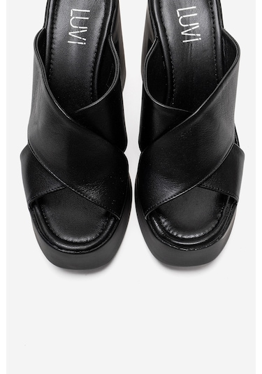 Luvishoes Essenza Siyah Hakiki Deri Çapraz Bantlı Kadın Platform Blok Topuklu Terlik Siyah
