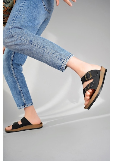 Muggo Rehda Garantili İki Toka Rahat Taban Ayarlanabilir Unisex Terlik Siyah