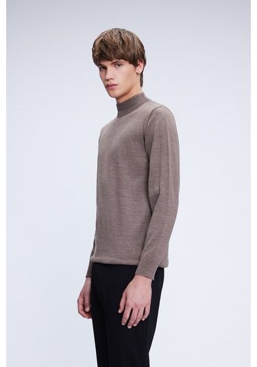 Vizon Regular Fit Düz Yarım Balıkçı Yaka Yünlü Triko Kazak Vizon