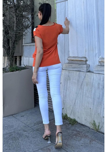 Kadın Kiremit V Yaka, Kısa Kol, Color Block Detaylı Salaş Airobin Bluz Kiremit