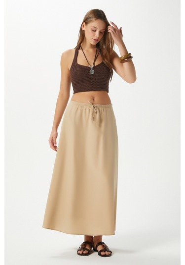 Kadın Seaside Vizon Astarlı Bel Lastikli Cepli Dokuma Uzun Etek Vizon